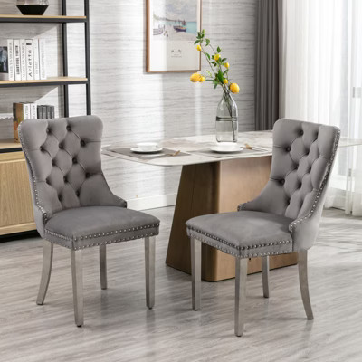 KTMBDW Velvet Dining Chairs Set of 2, Upholstered High-end Tufted Dining Room Chair with Nailhead Trim Silver Stainless Steel Plating Legs, Gray | Target
