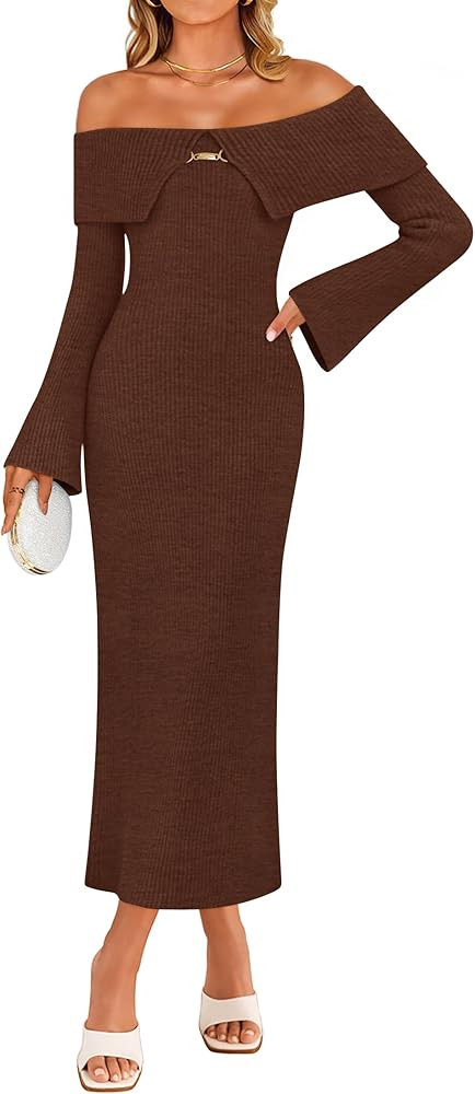 ZESICA Women's Fall Off Shoulder Sweater Dress 2025 Bell Long Sleeve Ribbed Knit Bodycon Formal M... | Amazon (US)