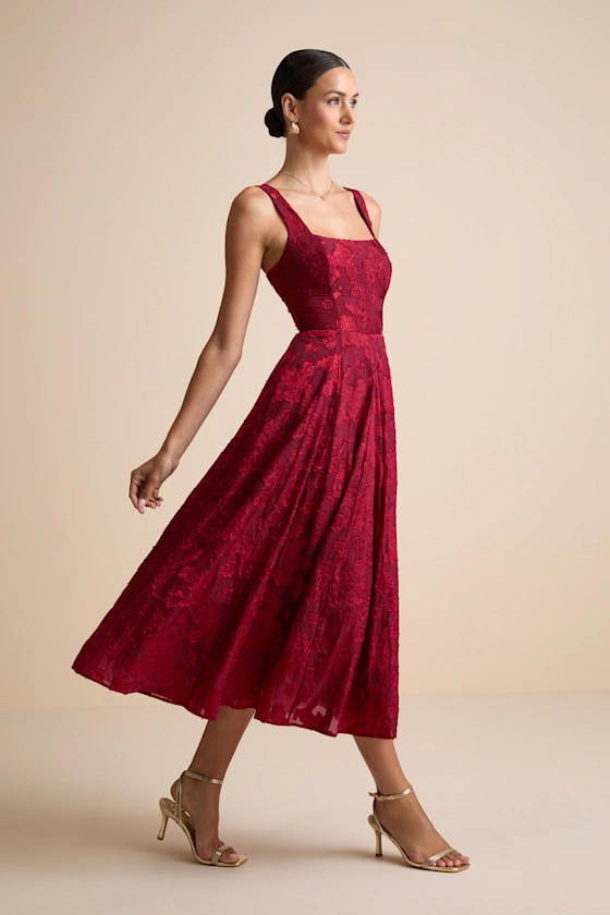 Loira Burgundy Burnout Jacquard Lace-Up Midi Dress | Lulus