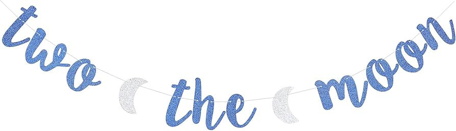 Blue Glittery Two The Moon Banner Kids 2nd Birthday Party Decorations Second Birthday Paper Sign | Amazon (US)