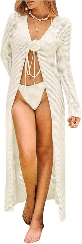 MakeMeChic Women's Bikini Sets 3D Floral Waffle Knit Halter Bikini Cheeky Swimsuit with Coverup D... | Amazon (US)