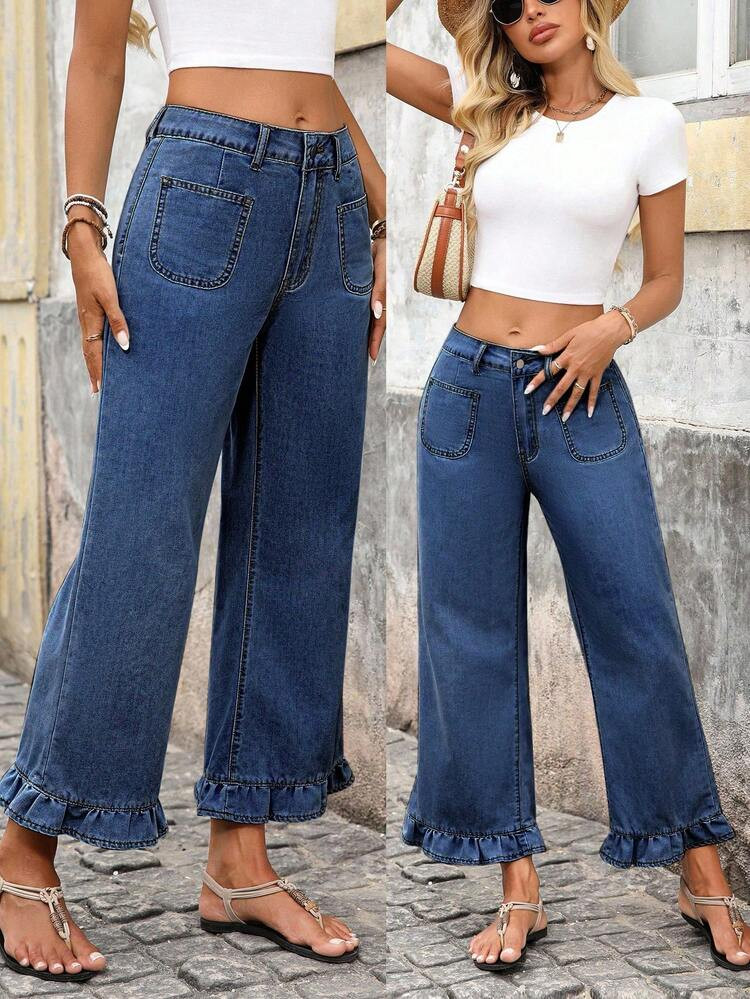 EMERY ROSE Women's Casual Street Fashion Patchwork Pocket Ruffle Hem Loose Wide Leg Jeans | SHEIN