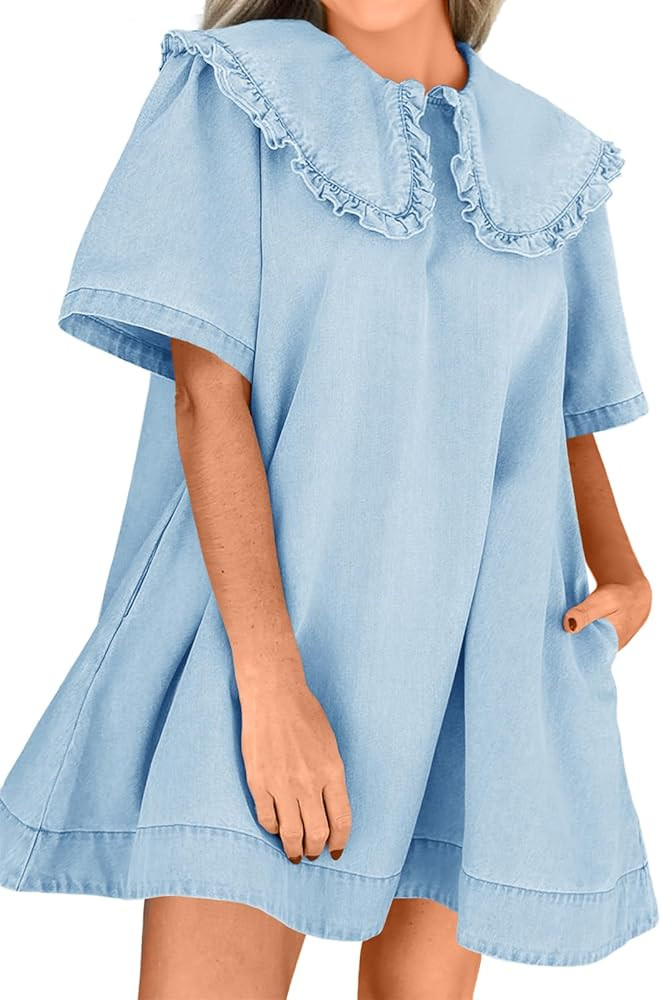 Wenrine Womens Summer Denim Mini Dress Oversized Peter Pan Collar Short Sleeve Casual Flowy Babyd... | Amazon (US)