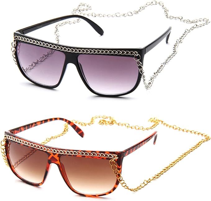 Women Flat Top Oversized Retro Chain Sunglasses w/Metal Chain on Top & Neck | Amazon (US)
