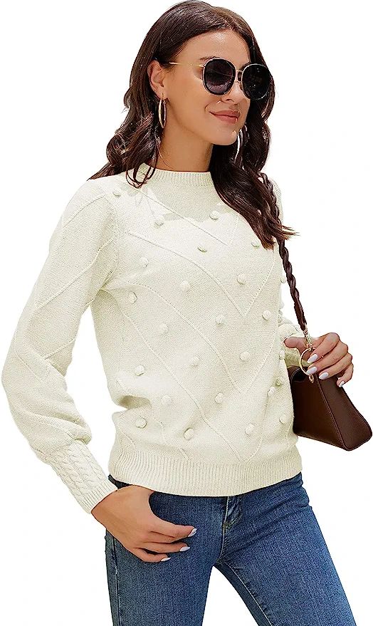 HOCOSIT Women's Lantern Sleeve Crewneck Pullover Sweater Elegant Knit Warm Jumper Top | Amazon (US)