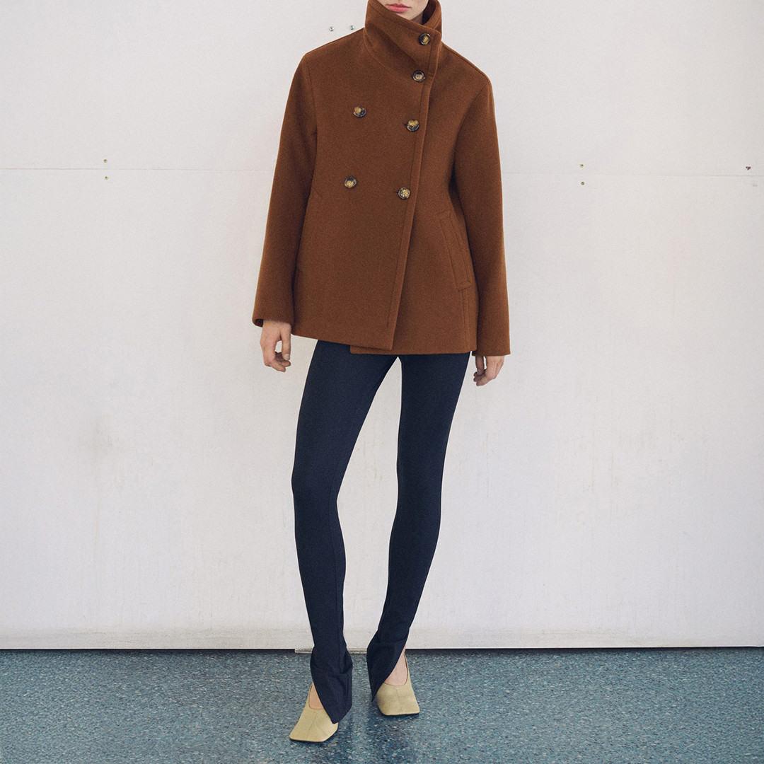 Mango Brown Short Double Breasted Wool Coat - Size L | BrandAlley