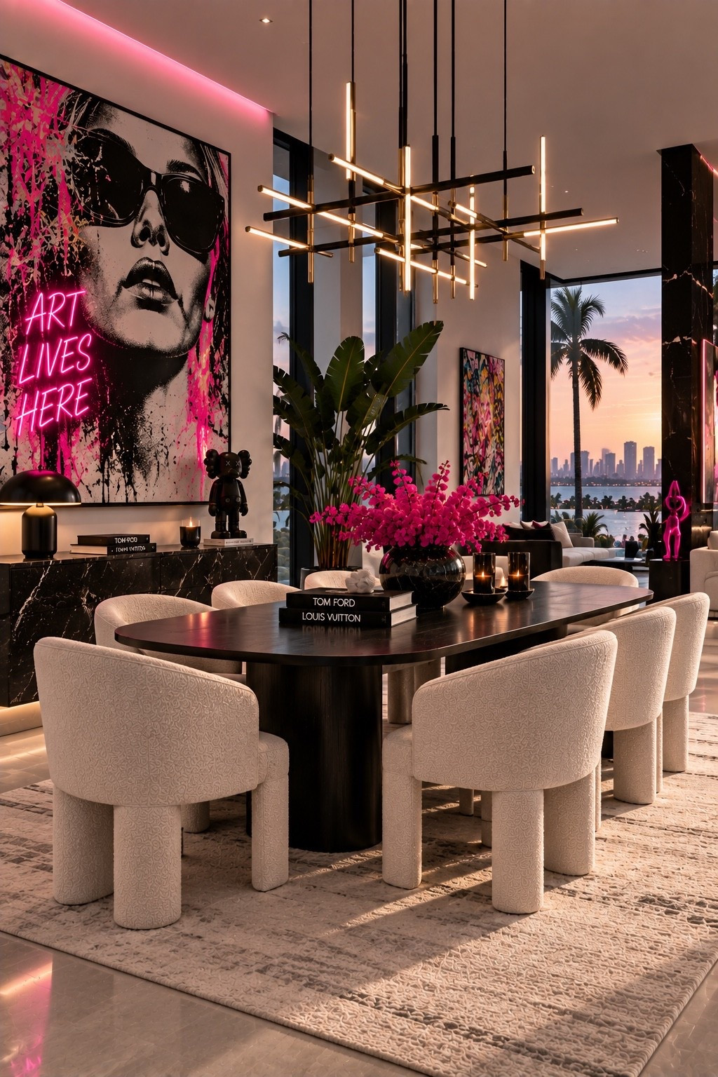 Shop This Room ✨ Shop the full look through my LTK — all products and similar finds are linked below. Bring bold Miami glamour home with a dramatic black dining table, sculptural ivory chairs, statement lighting, vibrant pink florals and oversized pop-art-inspired wall decor. A sophisticated mix of modern luxury, Art Deco influence and playful Miami color.

#DiningRoom #DiningRoomDecor #DiningRoomInspo #DiningRoomDesign #LuxuryDiningRoom #ModernDiningRoom #MiamiStyle #MiamiInteriors #MiamiDecor #ArtDeco #ArtDecoInterior #ModernGlam #LuxuryInteriors #InteriorDesign #HomeDecor #LuxuryHome #ModernHome #InteriorInspo #HomeInspiration #DesignerInspired #PinkDecor #StatementArt #StatementLighting #BoucleFurniture #ContemporaryInterior #LuxuryDecor #DreamHome #LTKHome