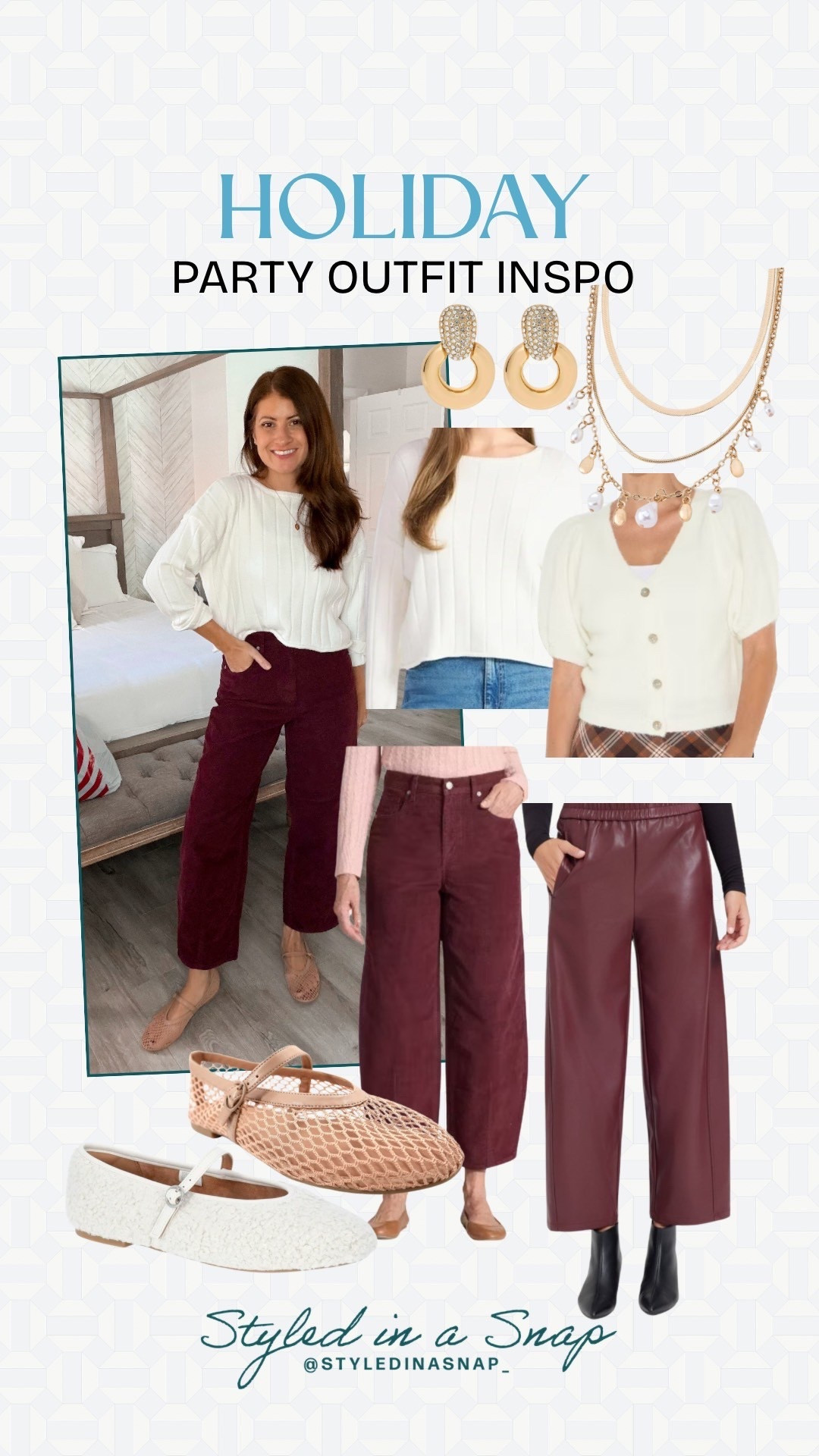 I love a gorgeous burgundy and cream look for the holidays. These corduroy barrel leg jeans are so cute with this white sweater and I also love the faux leather pants with the short sleeve version. Add gold accessories and some on trend flats for an adorable holiday party outfit that stays within budget!
Affordable holiday outfit, holiday party outfit  

#LTKOver40 #LTKFindsUnder50 #LTKHoliday
