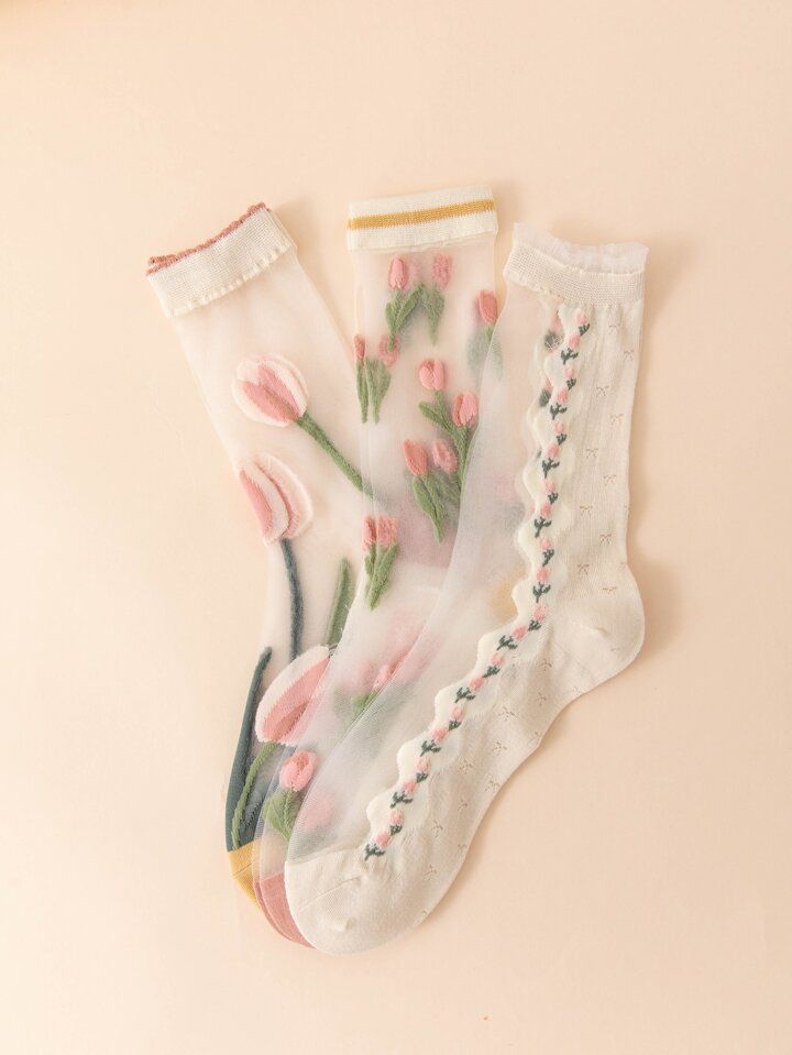 3pairs Floral Pattern Crew Socks | SHEIN USA | SHEIN