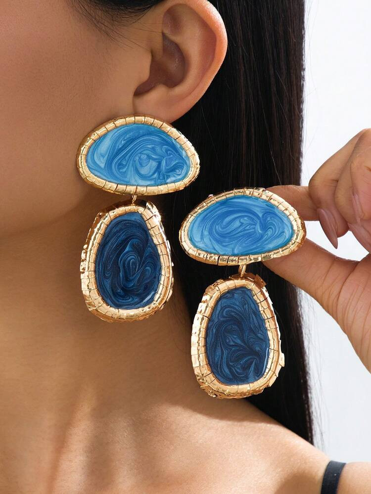 1 Pair Gold Frame Blue Marble Swirl Pendant Earrings - Two-Tone Ocean Inspired Earrings Suitable ... | SHEIN