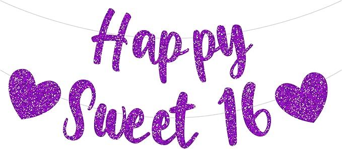 Pre-Strung Happy Sweet 16 Banner,Happy Birthday Decorations,Purple Glitter Sixteen Birthday Banne... | Amazon (US)