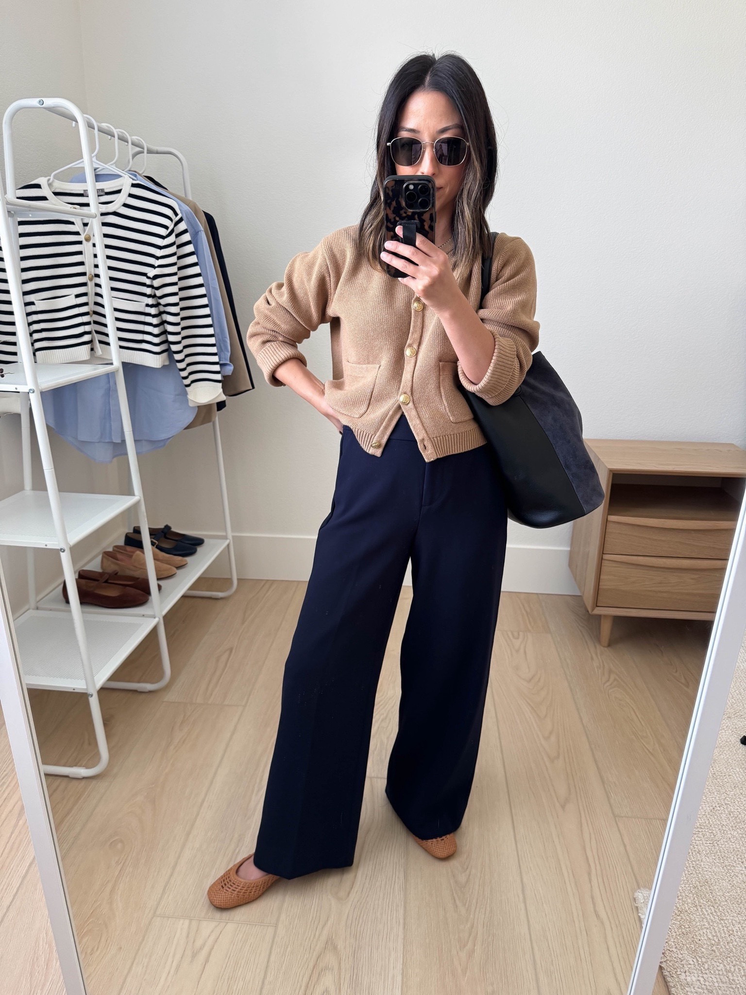 My favorite trousers from
J.crew. These are actually the Sydney crop in the regular length to hit full length on me. So so comfy!

J.crew cardigan xs
J.crew trousers regular 2. But fit tts
J.crew flats 5 (old)
J.crew tote navy (old)
Le Specs sunglasses

Fall outfits, fall style, petite style, purse 

#LTKItBag #LTKWorkwear #LTKSeasonal