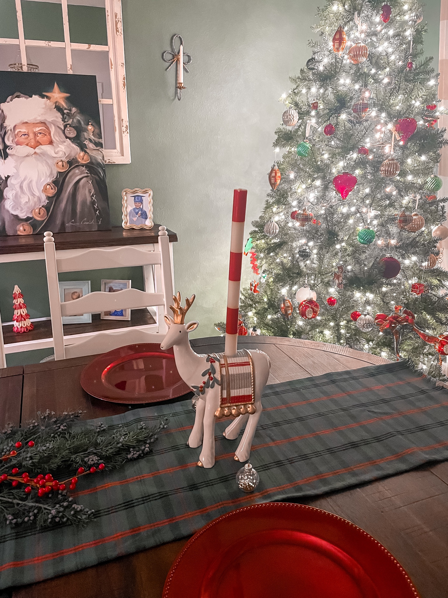 Christmas tree decorations, dining table setting for Christmas Holiday decor , Fitz & Floyd , Mackenzie-Childs Christmas Candles , Santa Pictures 

#LTKSeasonal #LTKhome #LTKCyberWeek