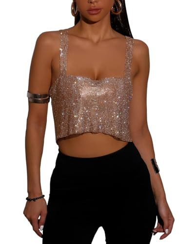 PartyArt Women Tank Top Rhinestones Tops,Sleeveless Trendy Spaghetti Strap Tube Tank Top, Rave Party Clubwear Gold Medium | Amazon (US)