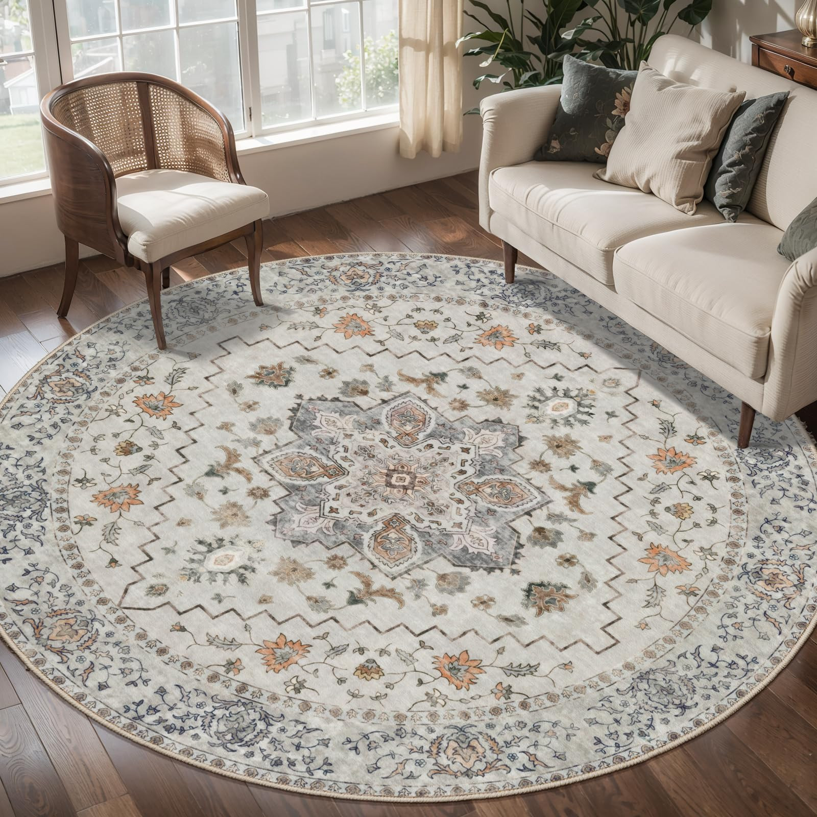 Vintage Round Rug 6ft,Washable Circle Rug, Non Slip Boho Round Area Rug,Low Pile Circular Rugs,La... | Amazon (US)