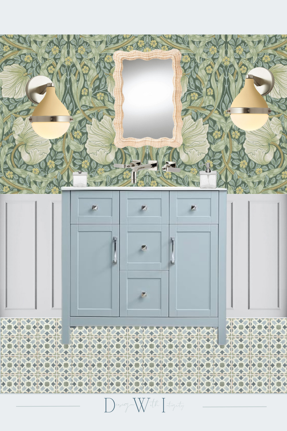 Bold Bathroom Design: Wallpaper Edition
Who says bathrooms have to be boring? This mood board proves how a statement wallpaper can completely transform a space. Paired with a soft blue vanity, patterned floor tile, and warm brass accents, this design strikes the perfect balance between playful personality and timeless charm.

Pro tip: Don’t shy away from wallpaper in bathrooms—it’s a great way to bring in color, pattern, and texture for an unforgettable look.

Save this design for your next remodel and shop our favorite wallpapers, vanities, lighting, and tile selections directly on LTK.

#BathroomDesign #WallpaperBathroom #MoodBoardInspo #InteriorDesignIdeas #BathroomRemodel #StatementWallpaper #VanityGoals #DesignWithIntegrity #LTKHome #PinterestInspired #BoldBathrooms #TileAndWallpaper #HomeDecorTrends 

 #LTKHome