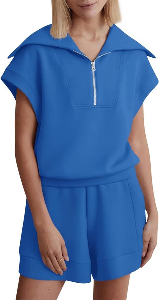Zwurew 2 Piece Outfits for Women Half Zip Up Short Sets Cap Sleeve Sweat Suits S-2XL | Amazon (US)