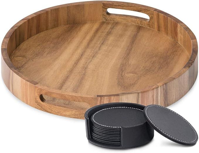 Round Serving Tray in Acacia Wood - 15.7 Inch Wooden Food, Tea & Coffee Serving Tray with Handles... | Amazon (US)