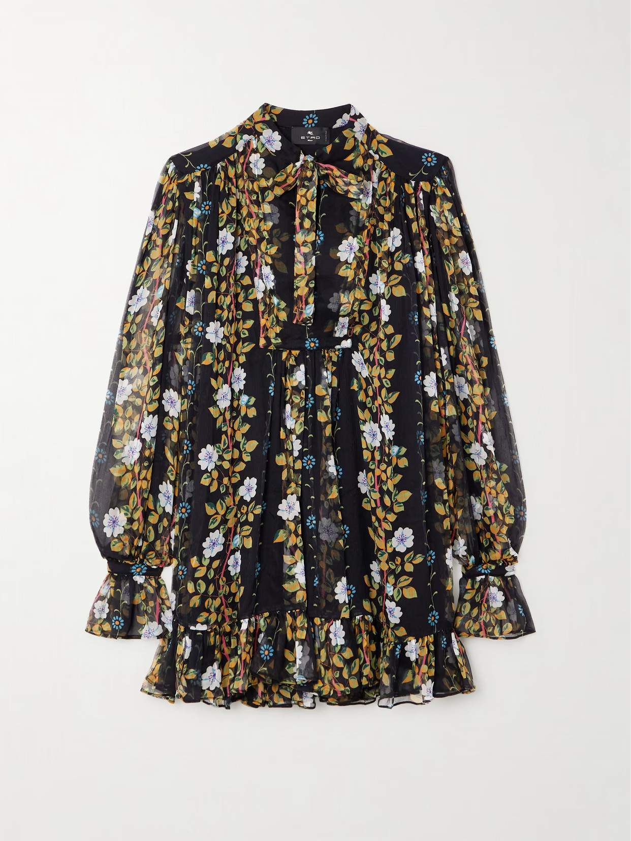Etro - Tie-neck Floral-print Silk-crepon Mini Dress - Black | NET-A-PORTER (US)