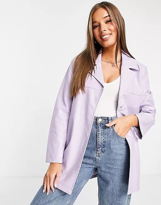 ASOS DESIGN belted leather look jacket in lilac | ASOS (Global)