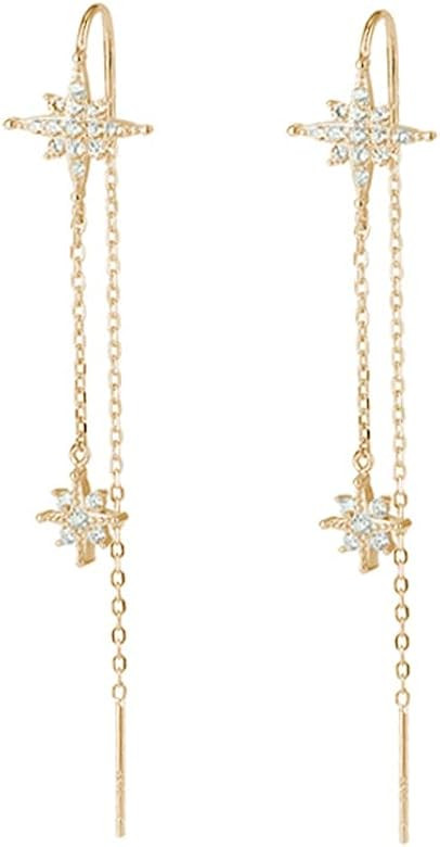 SLUYNZ 925 Sterling Silver Star Earrings Dangle Chain for Women Teen Girls Long Threader Earrings... | Amazon (US)