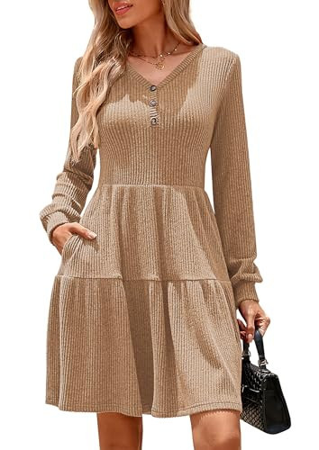 Kate Kasin Womens Button V Neck Long Sleeve Sweater Dresses, Casual Knit Babydoll Dress, Apricot Fall A Line Short Dress with Pockets XXL | Amazon (US)