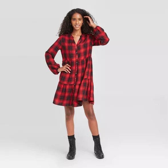 Women's Plaid Puff Long Sleeve Shirtdress - Knox Rose™ | Target