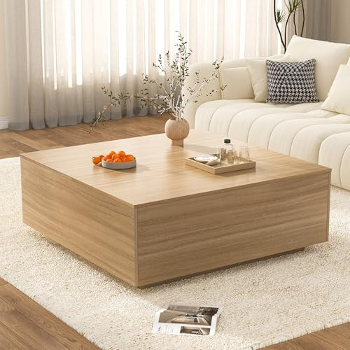 43 Inch Large Square Coffee Table with Storage,Modern Wooden Coffee Table with 2 Drawers Storage for Living Room,Mid Century Tea Table/Aesthetic Coffee Tables Center Table for Home Office(Oak) | Amazon (US)