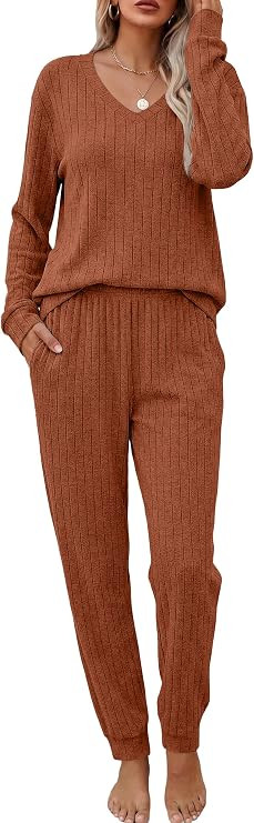 Ekouaer Women's 2 Piece Long Sleeve Lounge Set Ribbed Knit Pajamas Set | Amazon (US)