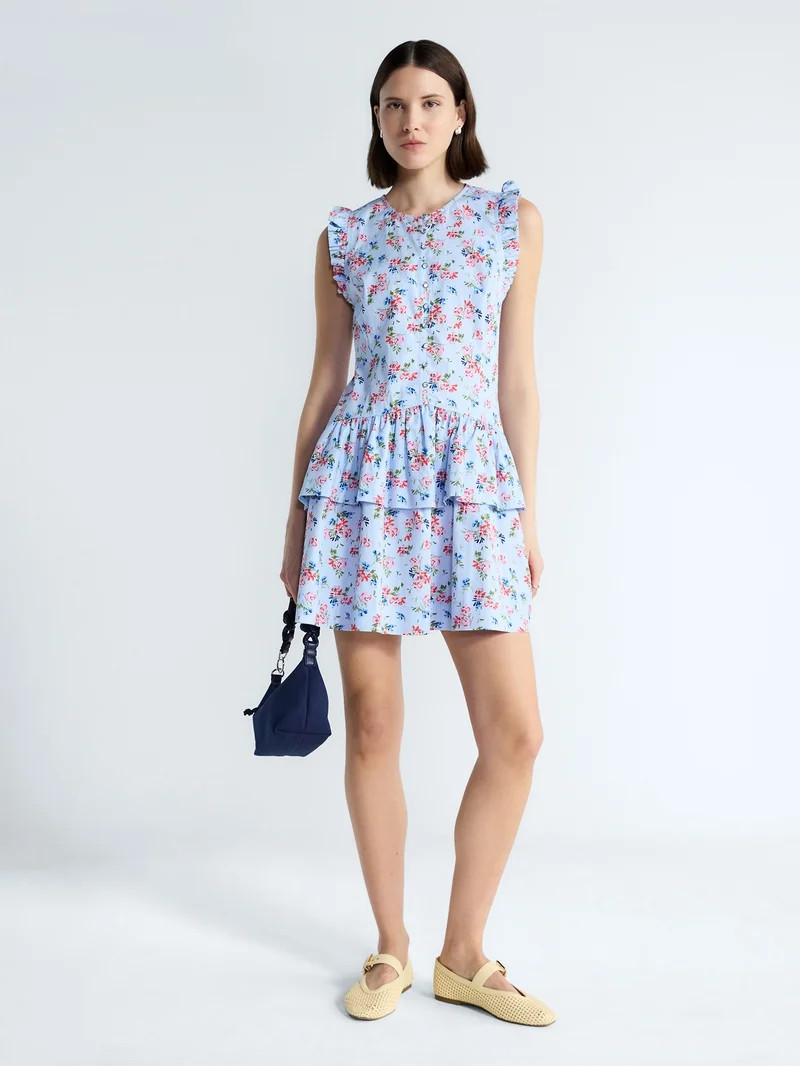 Free Assembly Women's Button Front Cotton Mini Dress with Flutter Sleeves, Sizes XS-XXL | Walmart (US)