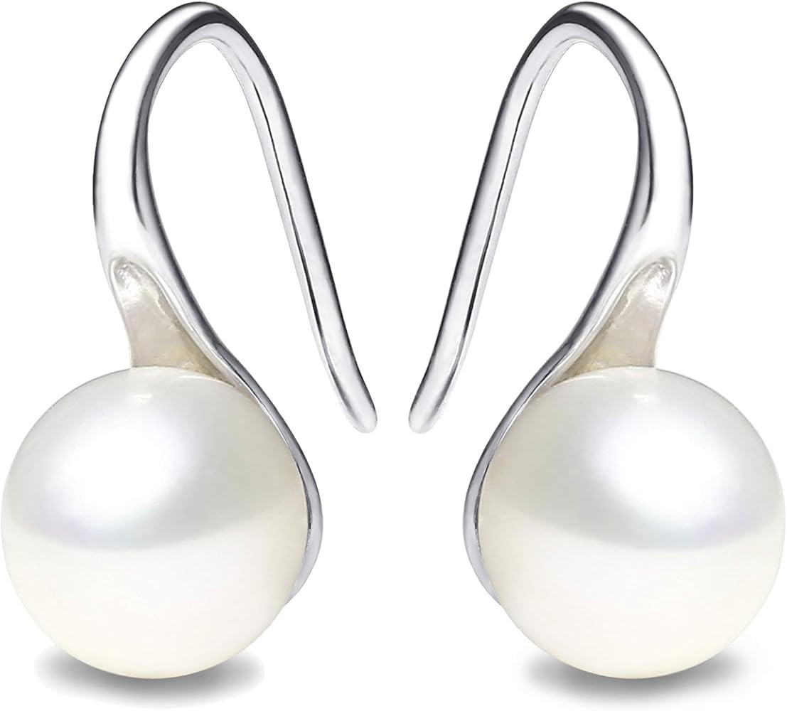 925 Sterling Silver Hoop Handpicked AAA+ Quality 7.5-8mm White Freshwater Cultured Pearl Dangle D... | Amazon (US)