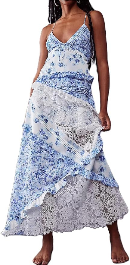 Women Y2k Floral Smocked Maxi Dress Bow Tie Shoulder Tiered Ruffle Midi Sun Dress Boho Casual Bea... | Amazon (US)