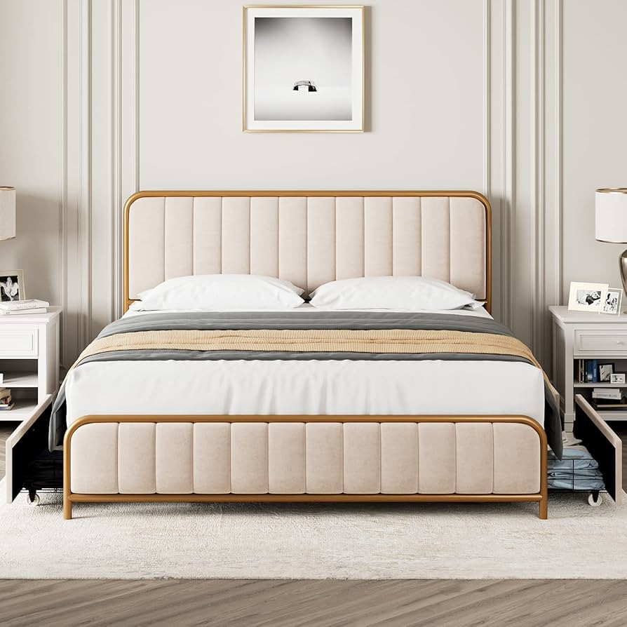 HITHOS Upholstered Queen Size Bed Frame with 4 Storage Drawers and Headboard, Heavy Duty Metal Ma... | Amazon (US)