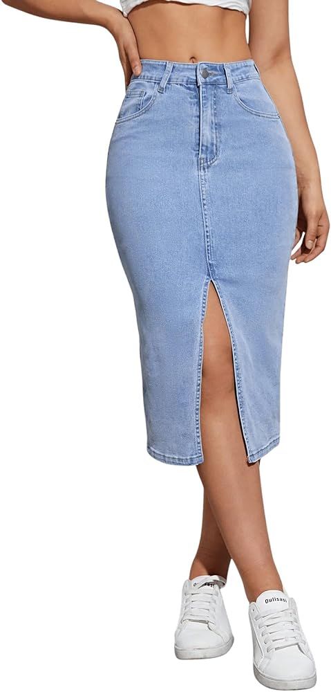 SweatyRocks Women's High Waisted Zip Up Jean Skirt Casual Split Front Bodycon Denim Midi Skirts w... | Amazon (US)