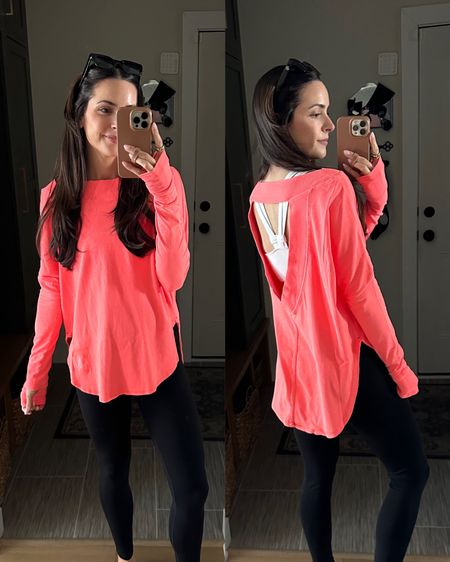 Love this legging & bump friendly top!! The color is a bright coral 😍 but comes in more colors too! Wearing my true size S. Sports bra & leggings are true to size too! (XS/S & S long) 

#LTKActive #LTKBump #LTKFitness