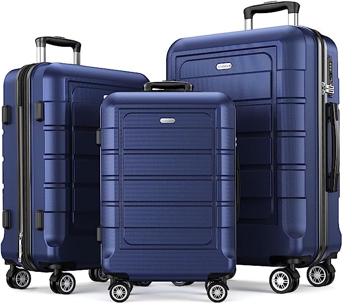 SHOWKOO Luggage Sets Expandable PC+ABS Durable Suitcase Double Wheels TSA Lock Blue | Amazon (US)