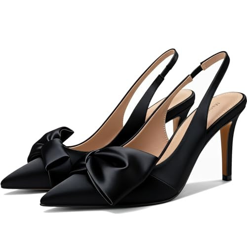 Manoloshow Slingback Heels for Women with Bow Pointed Toe Stiletto Pumps 3.3" High Heels Date Night Shoes Satin Black Size 9 | Amazon (US)