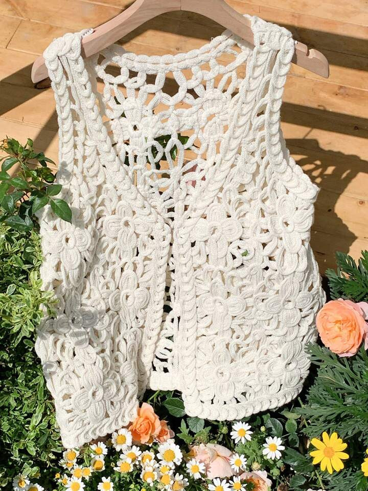 Comfortcana New Women's Light Hand-Crocheted Cardigan, Apricot Color, Suitable For Seaside Vacati... | SHEIN