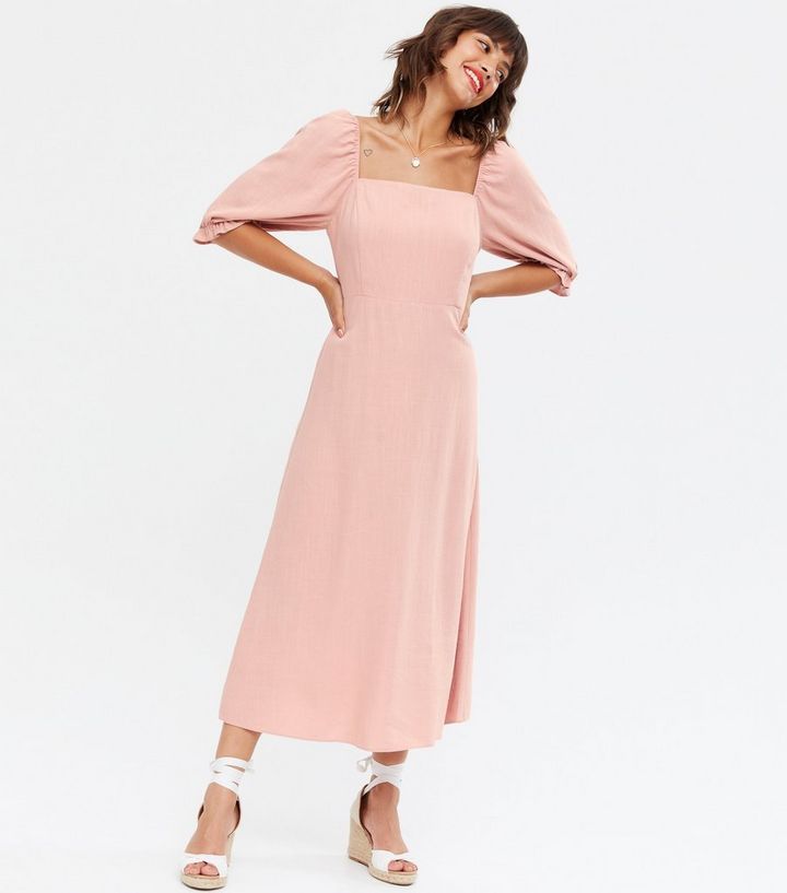 Pink Linen Look Square Neck Midi Dress
						
						Add to Saved Items
						Remove from Saved It... | New Look (UK)
