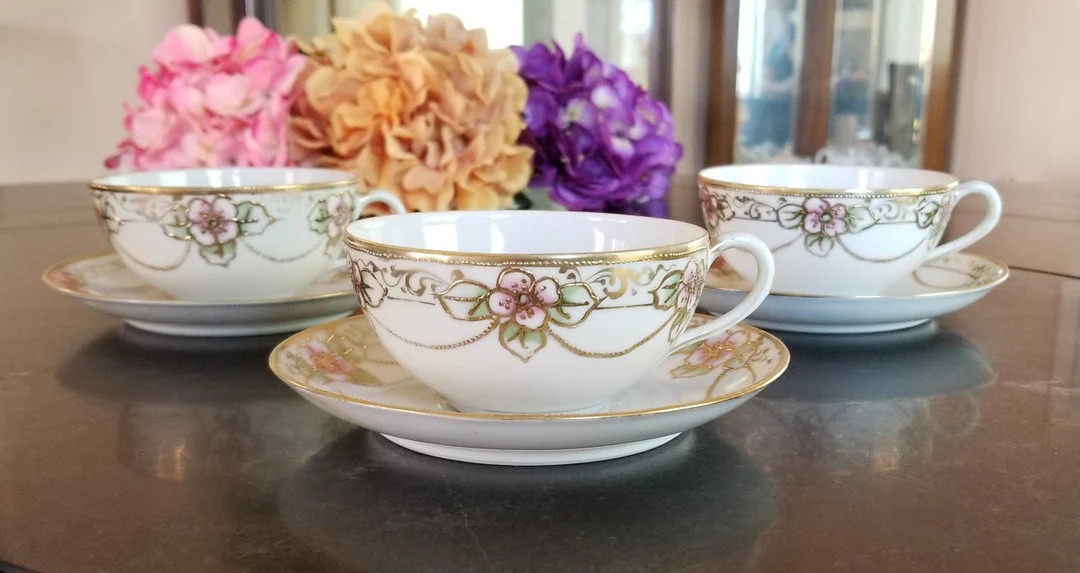 Floral Hand Painted Porcelain Teacups, Three Nippon 1920's Teacups - Etsy | Etsy (US)