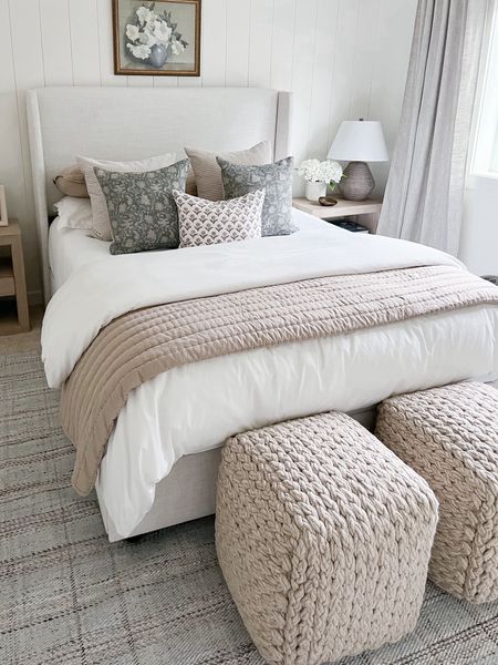Guest bedroom, primary bedroom, upholstered bed, area rug, square pouf, affordable bedding  

#LTKsalealert #LTKhome #LTKstyletip