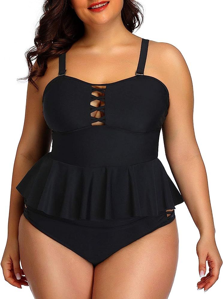 Yonique Plus Size Swimsuits for Women Peplum Tankini Tops High Waisted Tummy Control Two Piece Ba... | Amazon (US)