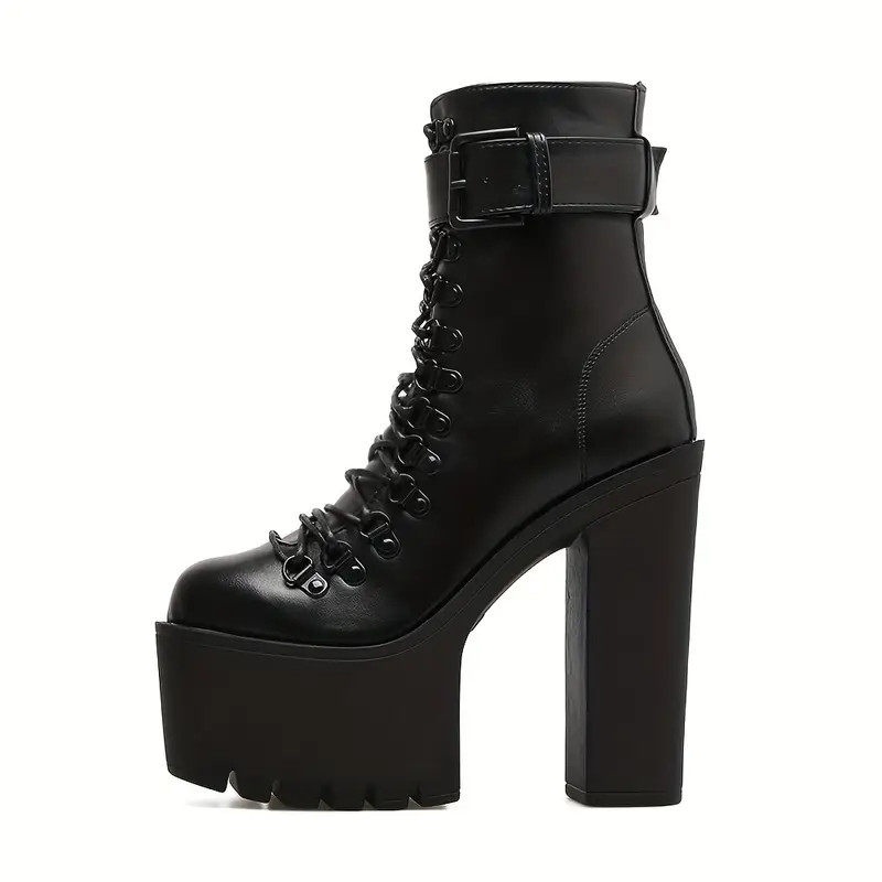 Women's Platform Chunky High Heel Ankle Boots Black Buckle - Temu | Temu Affiliate Program