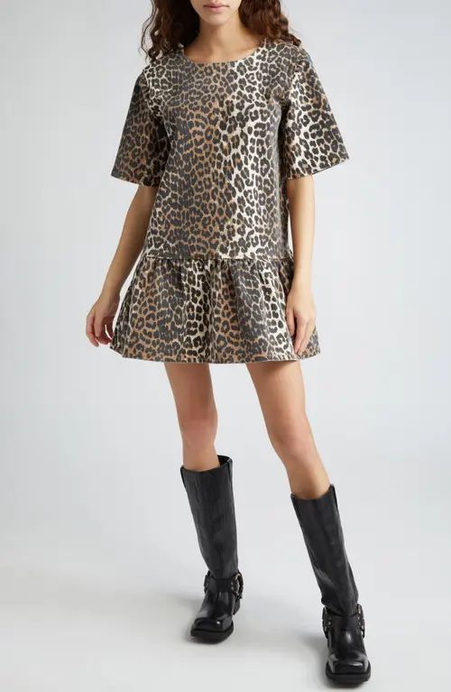 Ganni Leopard Print Open Back Organic Cotton Stretch Twill Minidress at Nordstrom, Size 4 Us | Nordstrom