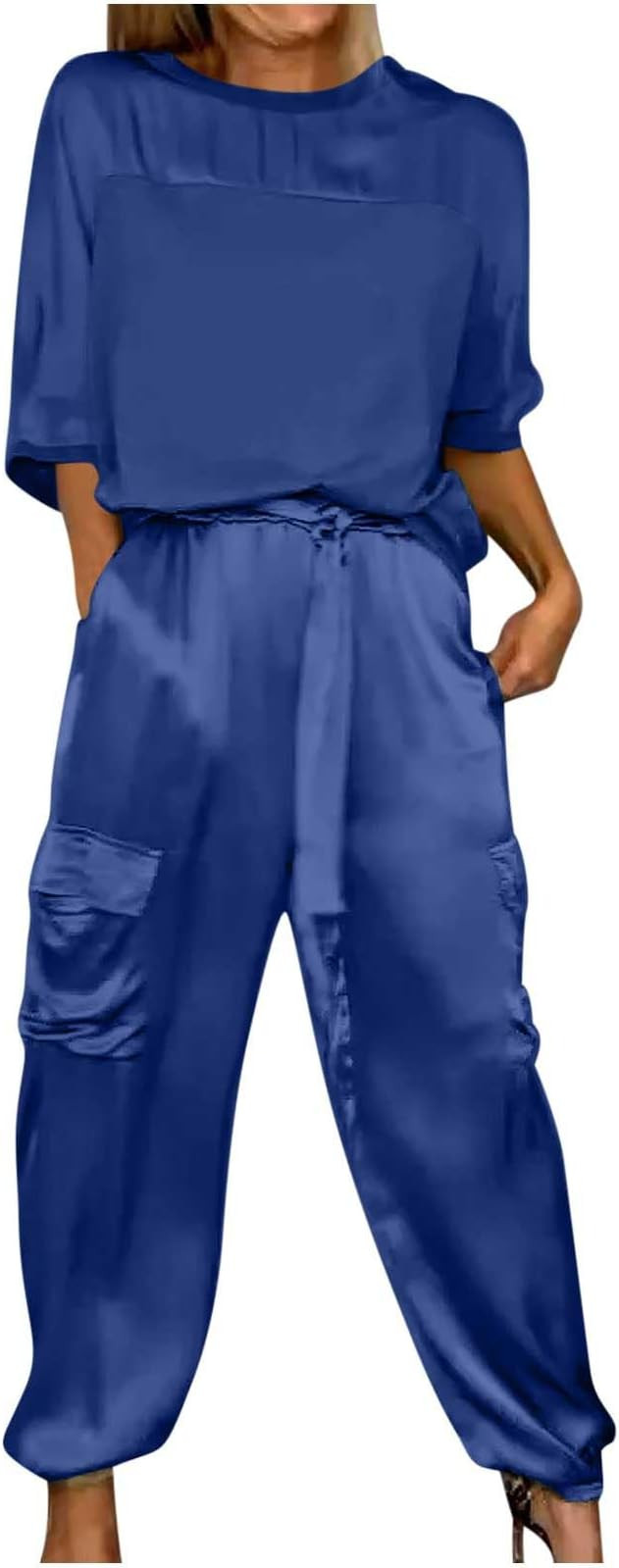 Womens Satin 2 Piece Outfits Silk Lounge Sets Casual Loose Color Block 3/4 Sleeve Tops and Wide L... | Amazon (US)