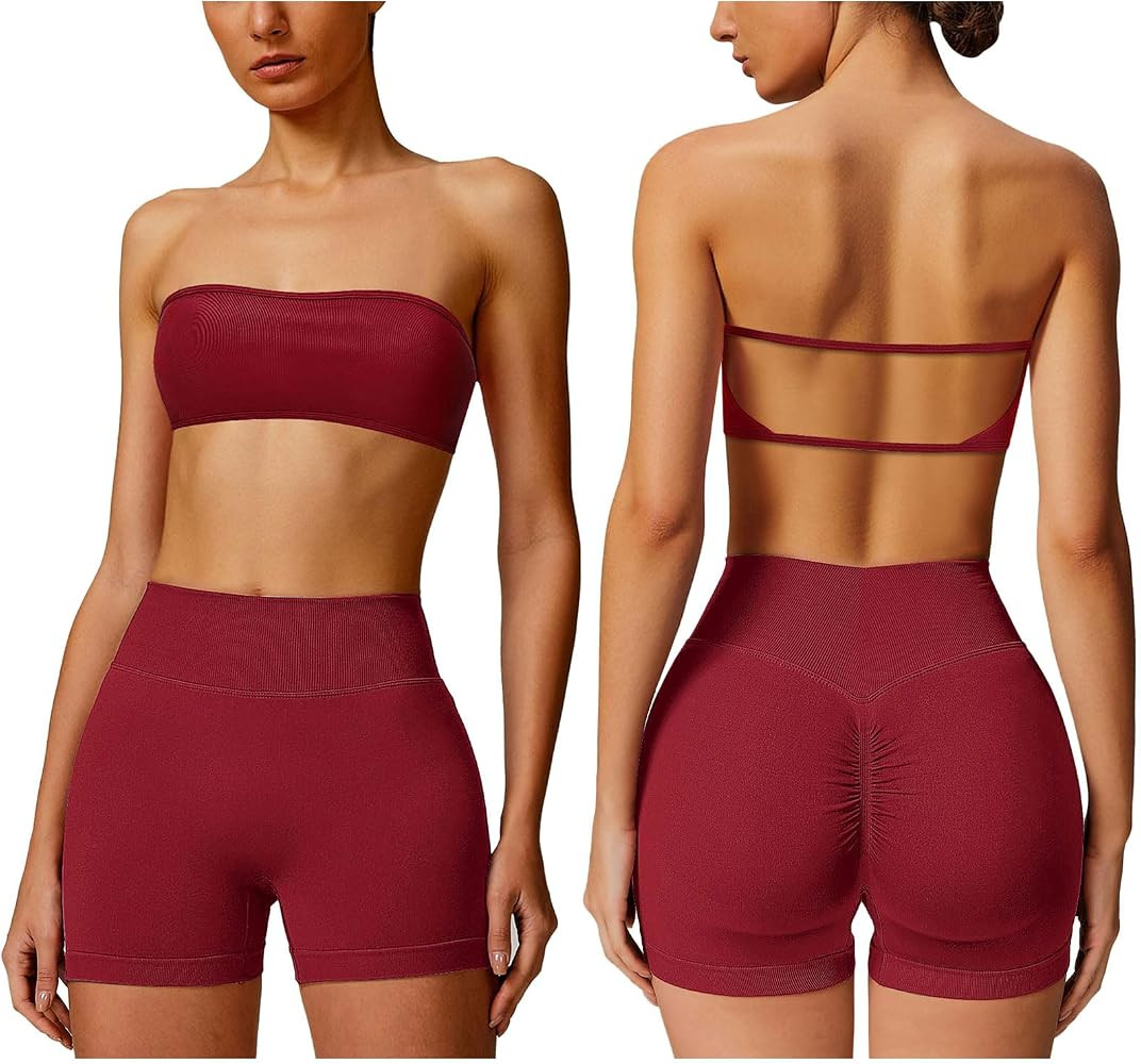 ABOCIW Workout Sets for Women Backless Bandeau Sports Bra Seamless Scunch Butt Lifting High Waist... | Amazon (US)