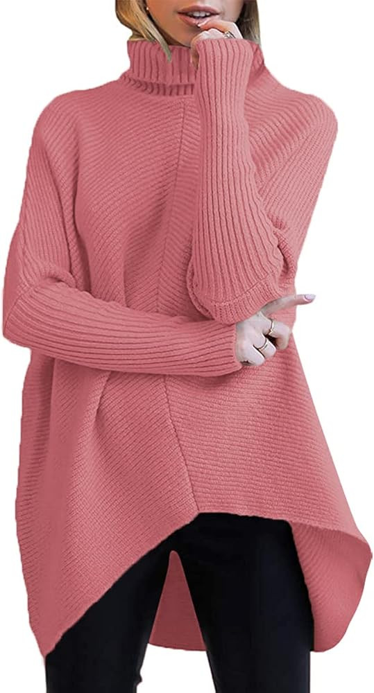 ANRABESS Womens Turtleneck Long Batwing Sleeve Asymmetric Hem Casual Pullover Sweater Knit Tops | Amazon (US)