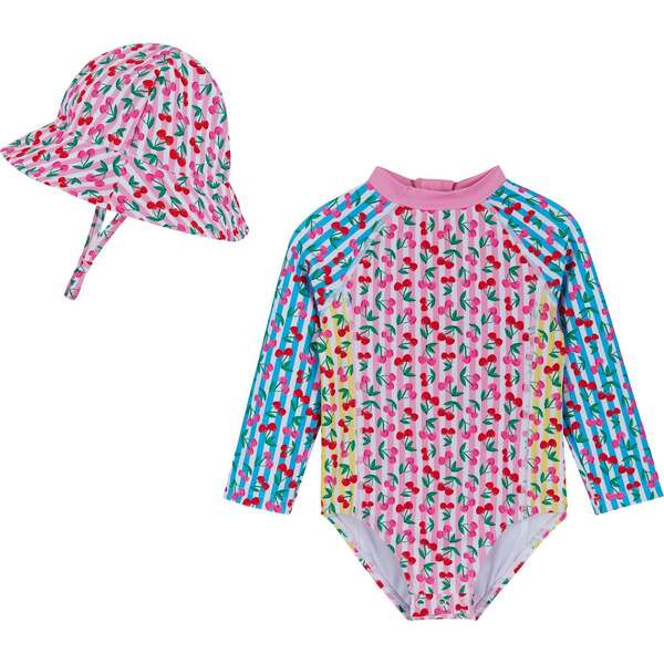 Infant Girls Long Sleeve Rashguard,  Cherry Stripe with Hat | Maisonette