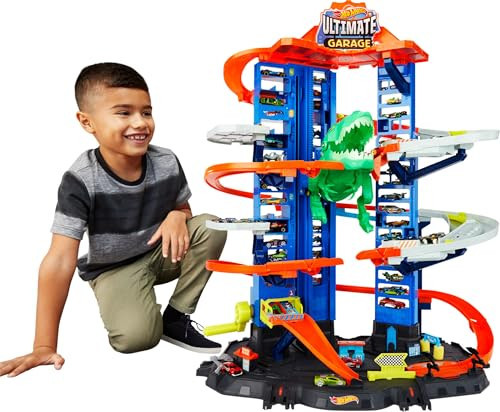 Hot Wheels Ultimate Garage Track Set with 2 Toy Cars, Hot Wheels City Playset with Multi-Level Side-by-Side Racetrack, Moving T-Rex Dino & Storage for 100+ 1:64 Scale Vehicles (Amazon Exclusive) | Amazon (US)