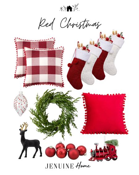 Red Christmas. Red and white stockings. Red plaid pillow. Red pillow. Real touch wreath. Black velvet reindeer decor. Red ornaments. Red trail ornament. Red and white ornament  

#LTKhome #LTKSeasonal #LTKHoliday